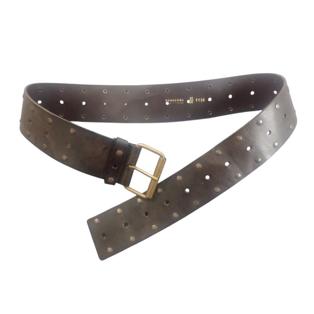 Synderme Brown Wide Stud Belt Made In France Leather Size 32 Unisex